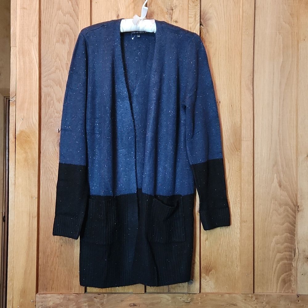 Love Ellie Colorful Confetti Colorblock Knit Tunic Cardigan Medium, Blue & Black